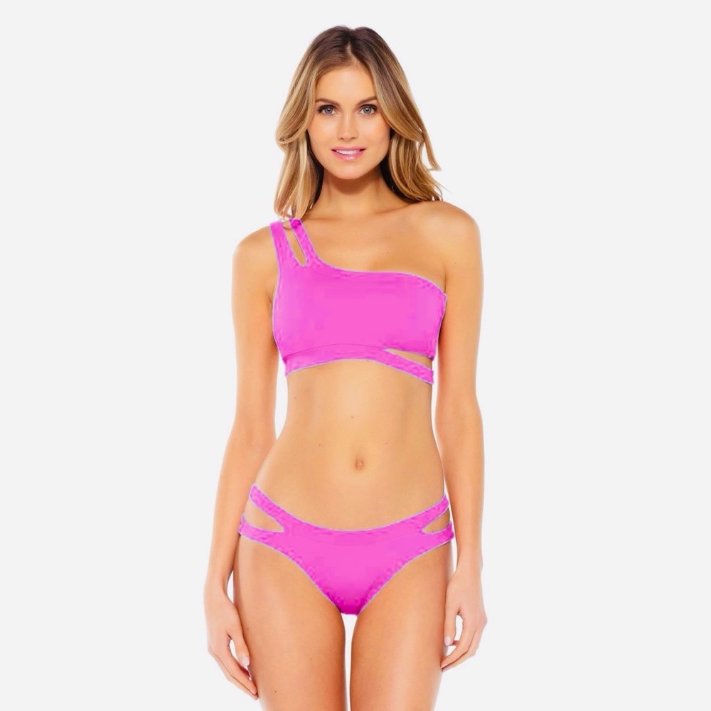 Becca Jetsetter Natalie swimwear asymmetrical double straps top size s coral